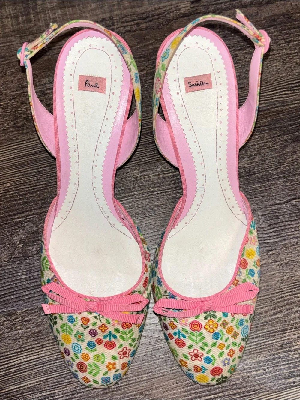 Paul Smith Floral Print Slingback Kitten Heel Pumps Pink Canvas Bow Women’s EU41